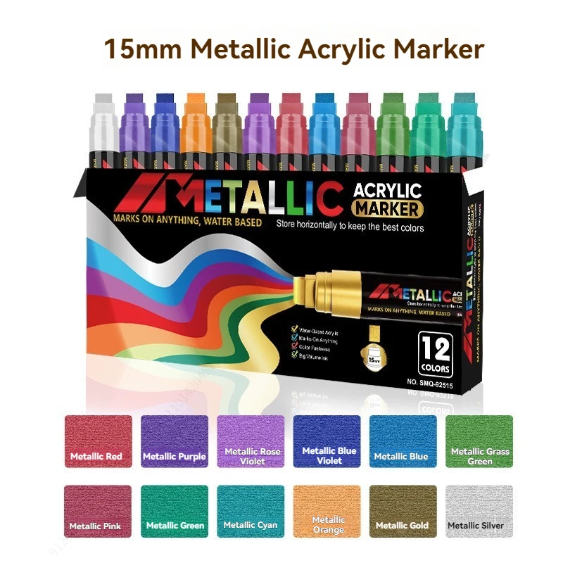

Jumbo Poster Markers Set 12 Colors Large 15mm Wide Tip Permanent Metallic Ink Thick Acrylic Paint Pens for Stone, Glass, Wood,
