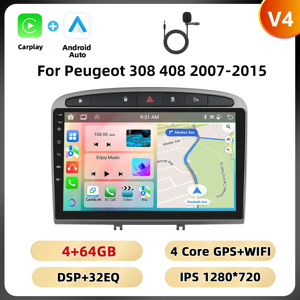 Podofo 2Din 9 ''Autoradio Voor Peugeot 308 408 2007-2015 Multimedia Speler Android Auto Carplay WIFI 4G GPS AI Voice Auto Audio