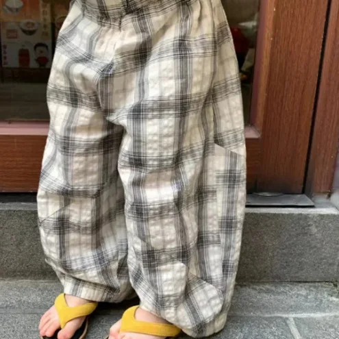 Summer Korean Baby Girl Plaid Casual Thin Mosquito-proof Pants Loose Medium and Small Children's Trousers Girls Pants