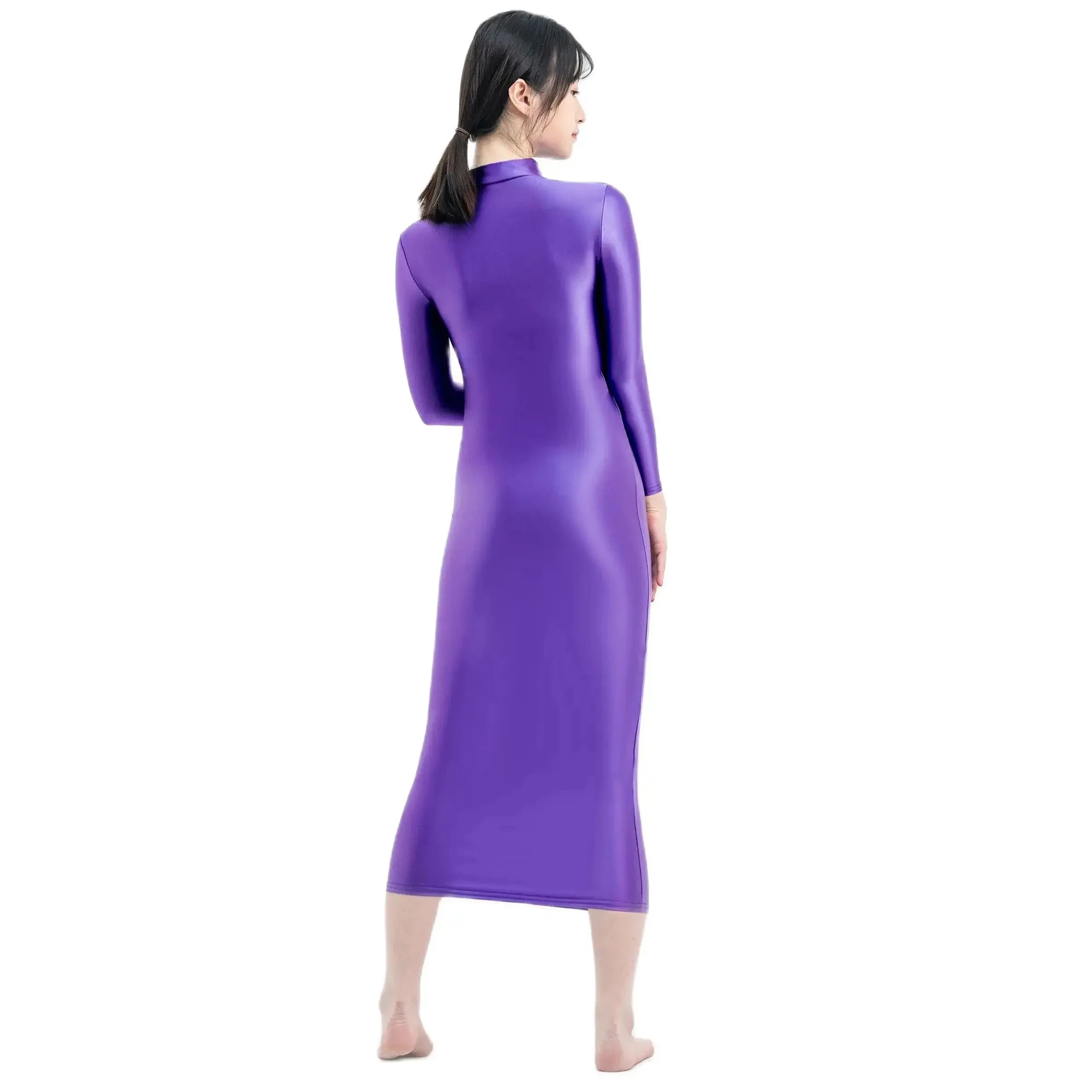 XCKNY satin oil glossy dress high neck long sleeve skirt silk longuette elastic silk tight skirt sports skirt sexy tight dress