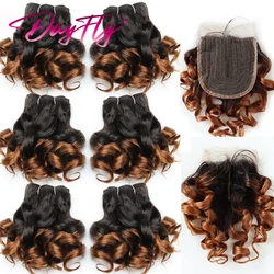Brazilian Hair Weaving Bundles With Closure Bouncy Curly Human Hair Bundles with 4x1 T Part Closure 6 Bundles Hair Extensions