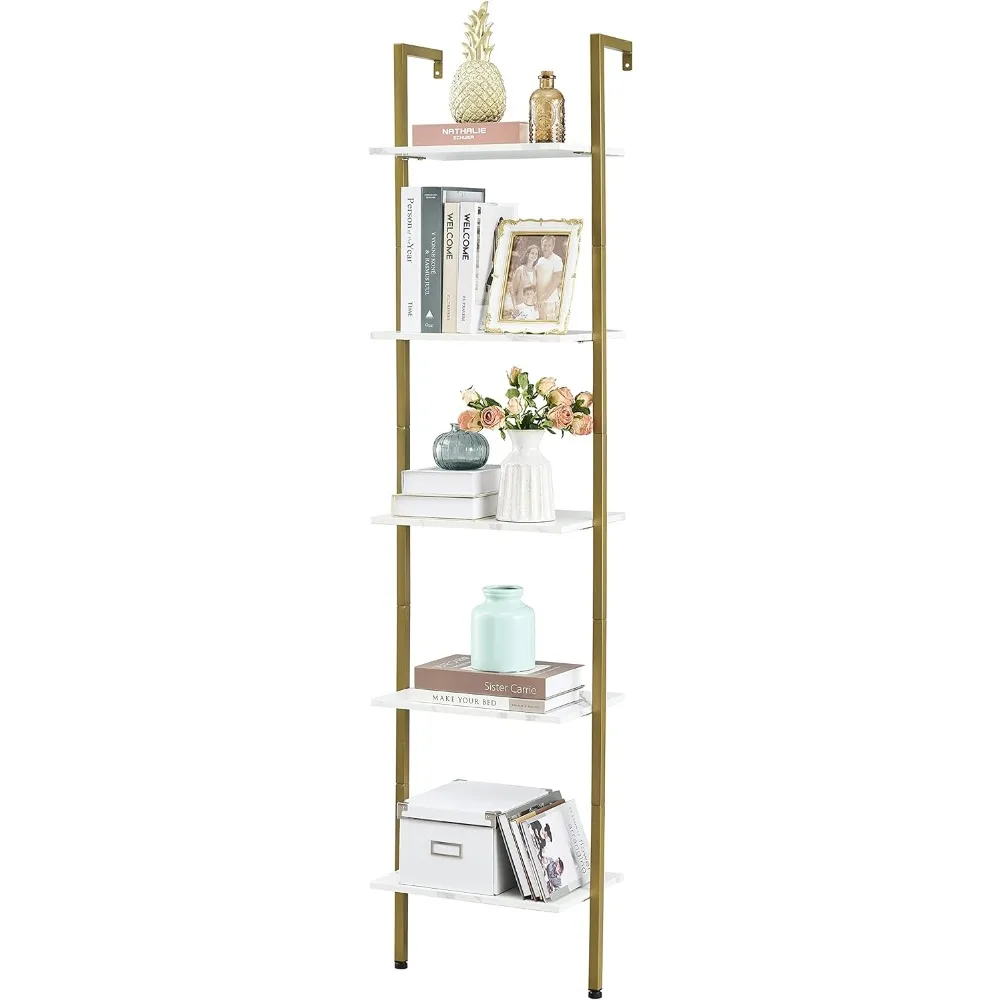 

Industrial Bookcase, Ladder Shelf, 5-Tier Wood Wall Mounted Bookshelf with Stable Metal Frame, Open Display Rack,