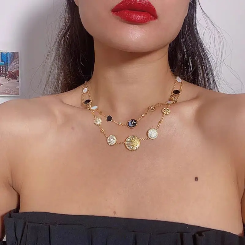 Collier de mode européenne et américaine pour femmes nobles, soleil, lune, étoiles, boussole et étoile