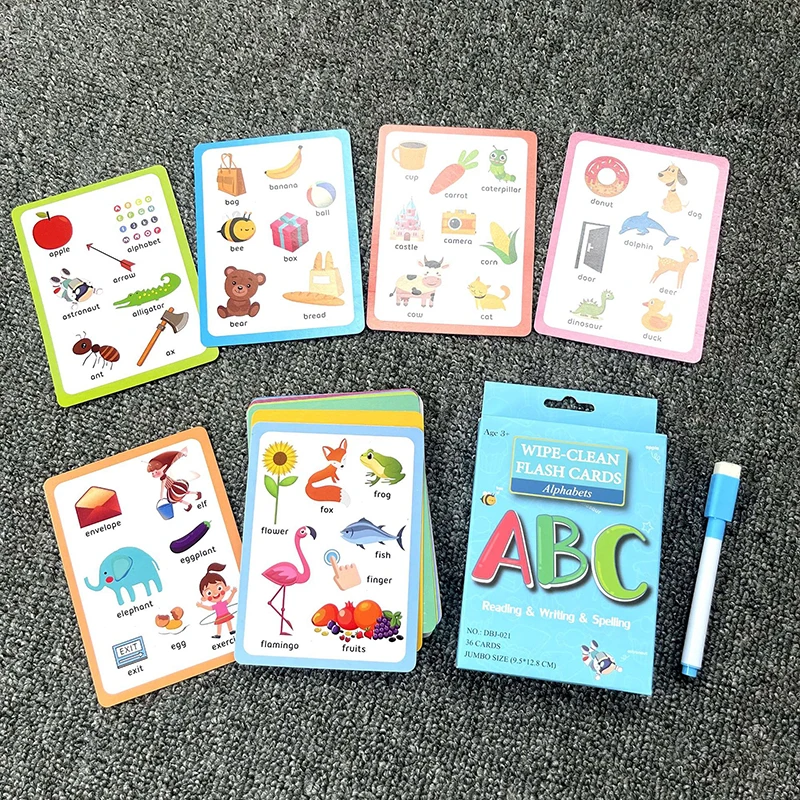 Alfabeto Cognitive Flash Card com caneta, Brinquedo infantil, Ensino Aids, pode ser apagado