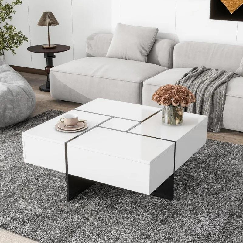 

Coffee Table, Modern Extendable Coffee Table with 4 Hidden Storage Compartments, UV High-Gloss Square Center Cocktail Table