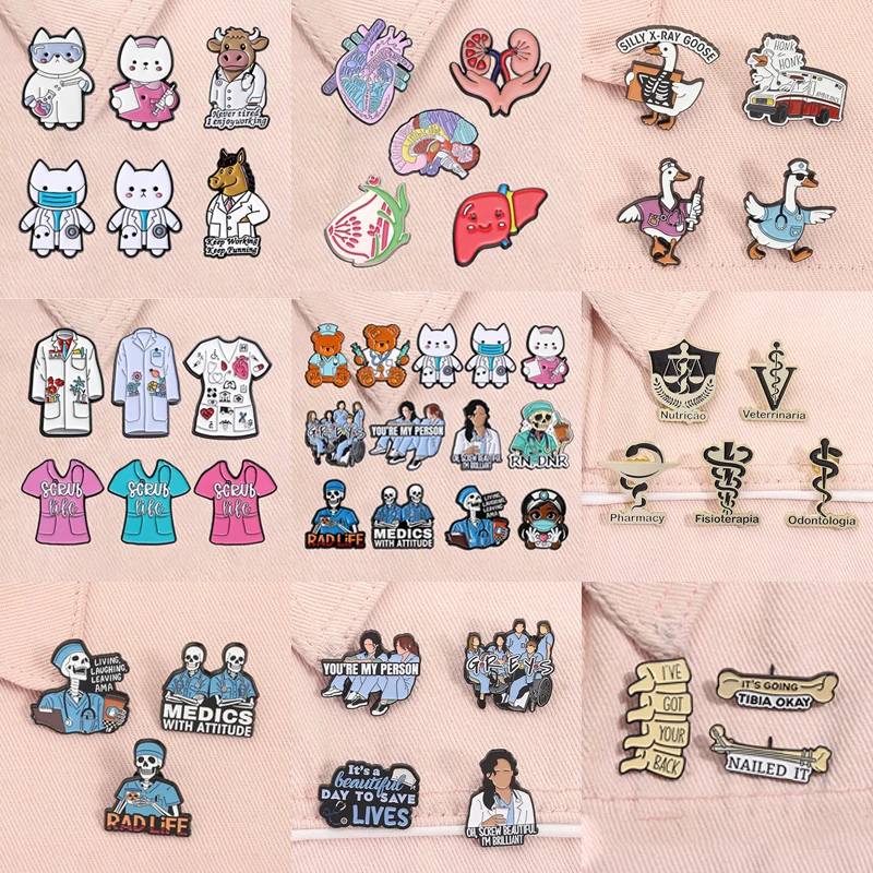 2-13pcs/set Cartoon Animal Doctor Enamel Pins Medical Stethoscope Medicine Symbol Body Organs Brooches Lapel Badge Jewelry Gifts