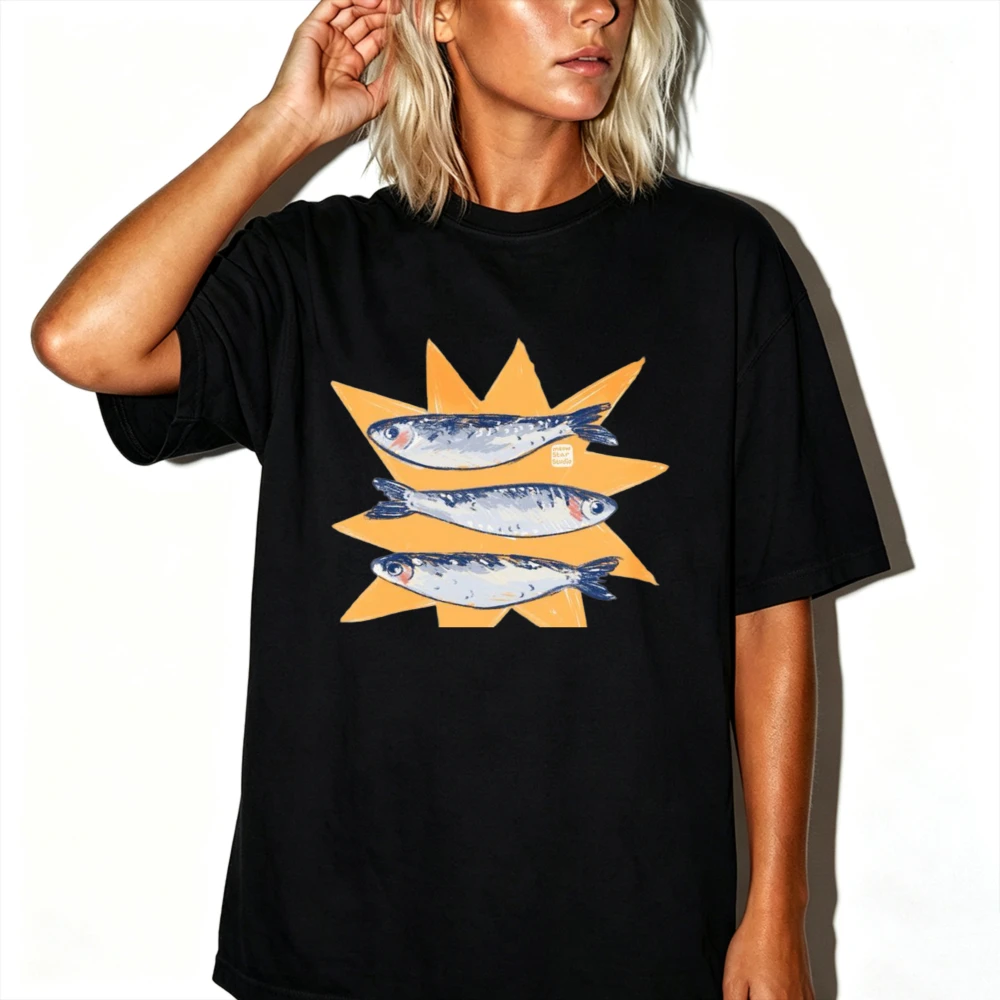 Three Sardine Fish on Yellow Burst Shape Retro Print Men Women Cotton T Shirt Seafood Ocean Marine Life Graphic Casual Funny Tee