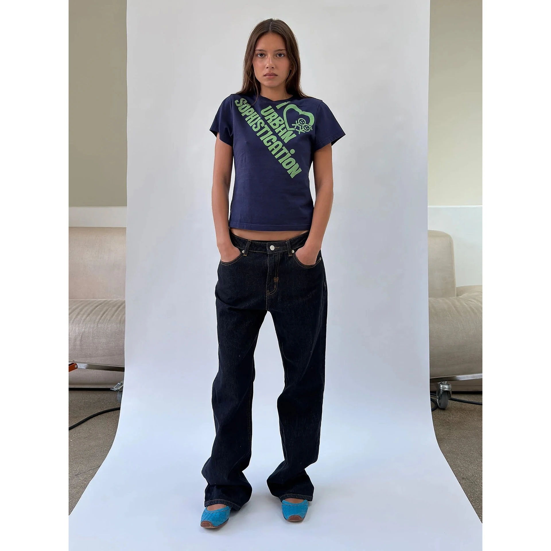 Urban Stick Figure Print T-Shirt, Dark Blue, Ribbed V-Neck, Slim Fit, Short-Sleeve Top
