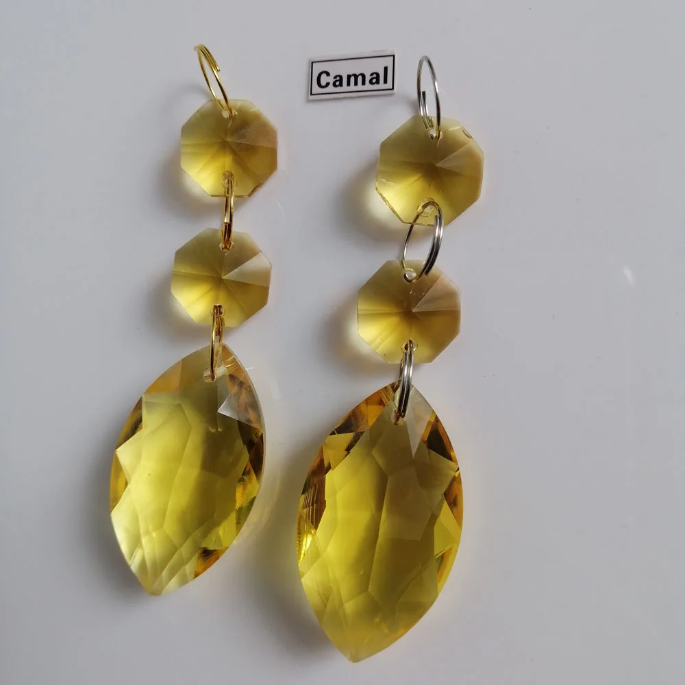 Camal 2Pcs 38mm Yellow Horse-eye Shaped Drop Crystal Pendant Octagon Beads SunCatcher Garland Lighting Chandelier Hanging Parts