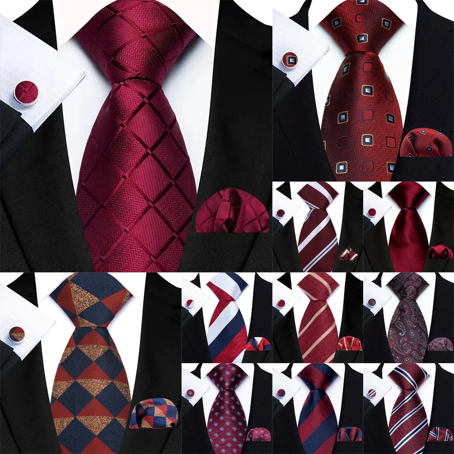 Klassisches Herren-Set mit dunkelroter Krawatte mit Streifen und Punkten (8 cm), Einstecktuch und Manschettenknöpfen für Smoking, klassisches Krawattenset für Herren, Geschenk zum Valentinstag
