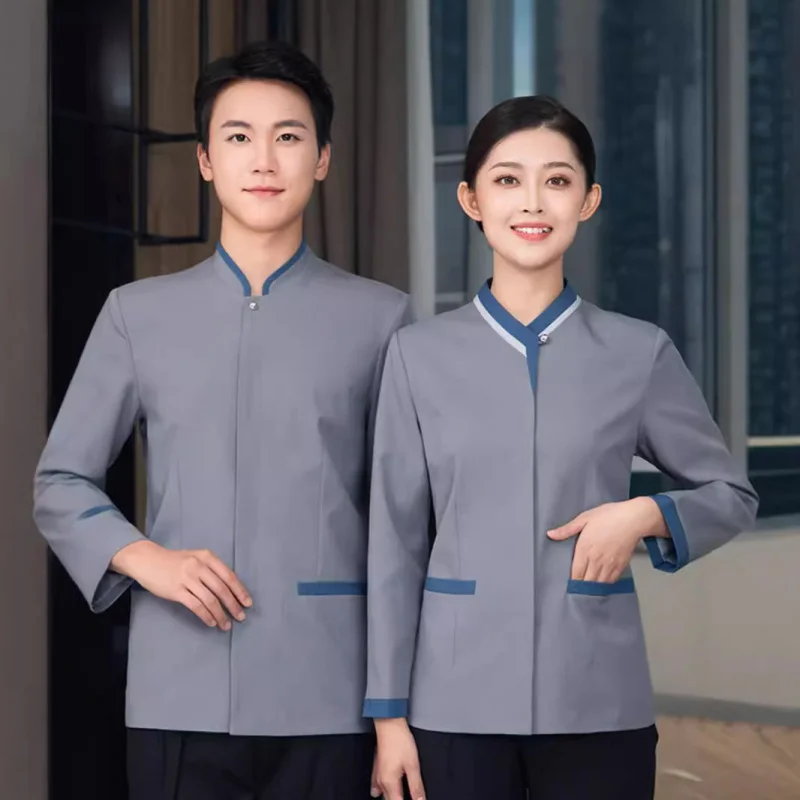 

Двухцветная рабочая униформа с треугольным дизайном и длинными рукавами для женщин-уборщиц, персонала по обслуживанию помещений и горничных.