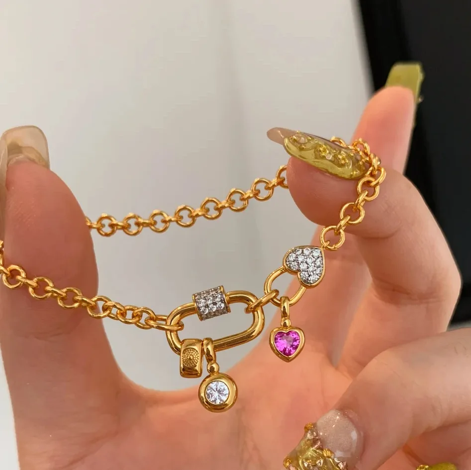 

Foydjew French Style Retro Red Zircon Heart Design Bracelets Fashion Gold Color Chain Bracelet Hand Jewelry For Women