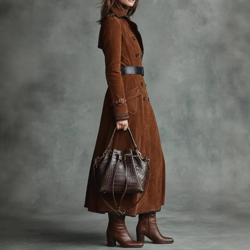 Women's Autumn Winter Tops Coats Long Trench Coats Suede Lapel Collar Western Style New Arrivals Minimalist Comfortable Casual