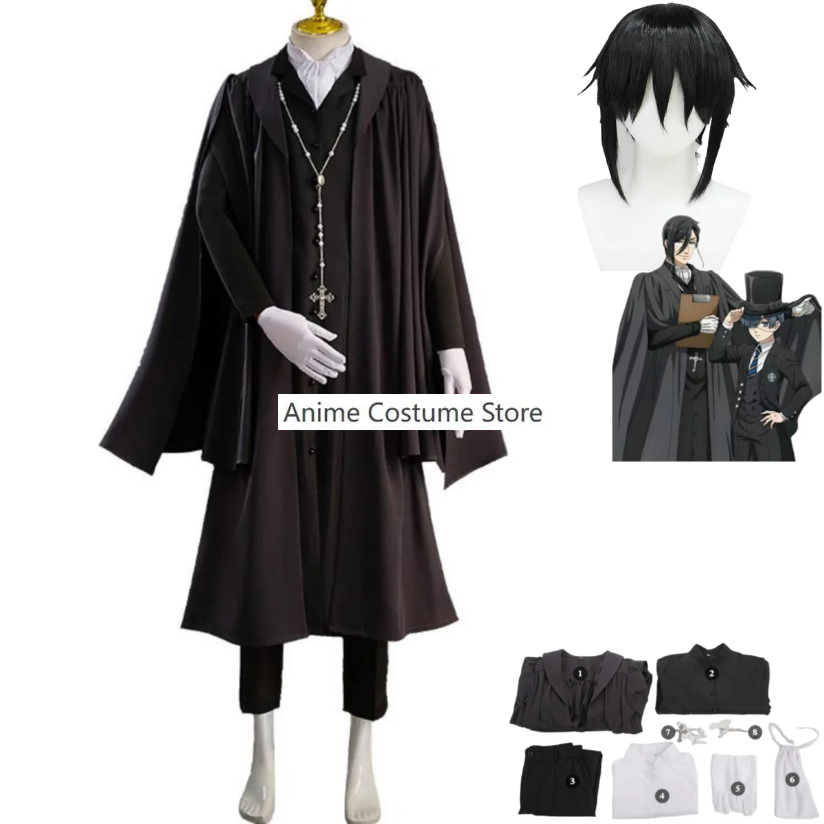 Anime Black Butler Embarque Escola Fantasia, Peruca Cosplay, Manto Preto, Capa, Uniforme, Camisa, Homem Terno de Carnaval