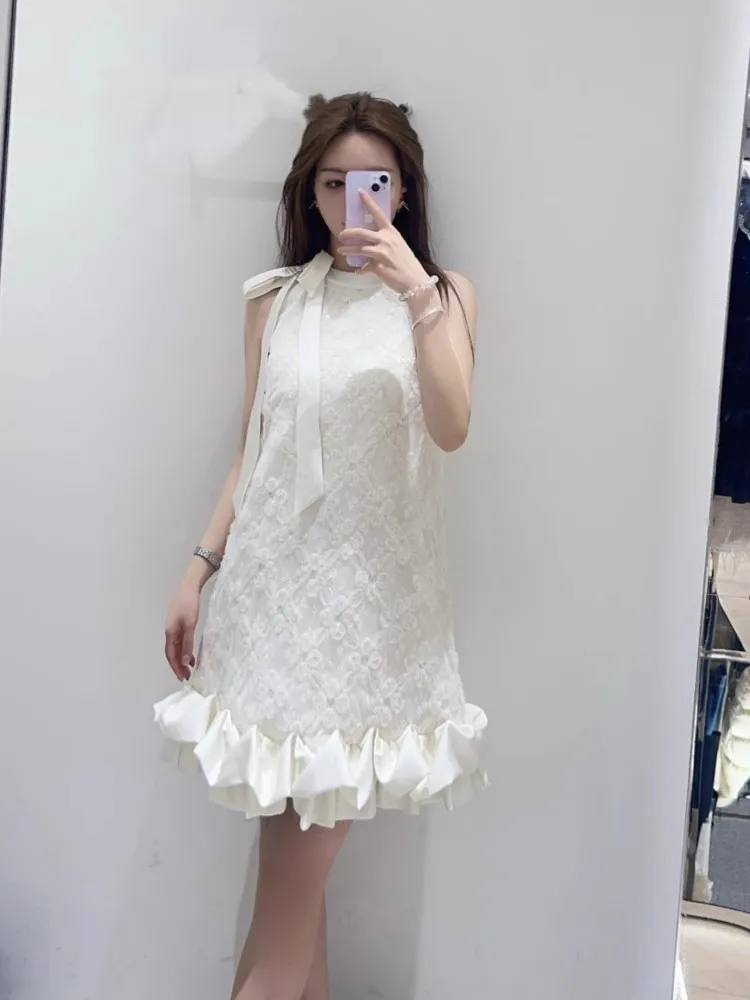 甘い女性フリルスプライシングレース花ノースリーブタンクドレスちょう結びエレガントな夏のパーティーフレンチスタイルの女性 A ラインショートドレス