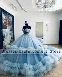 Sky Blue Tulle Princess Quinceanera Dress 2025 Sweetheart Beaded Ruffles Sweet 16 Dress Birthday Party Dress Lace up Customized
