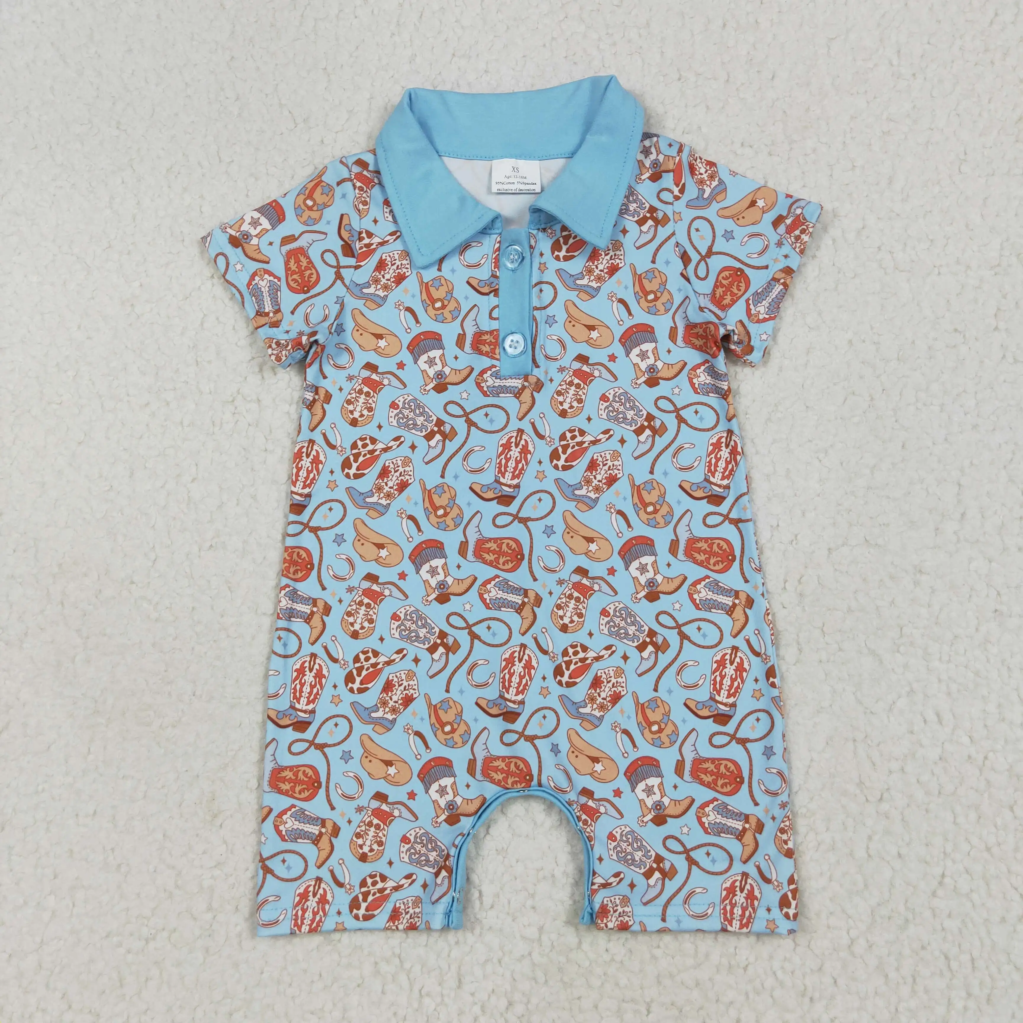 

NEW rts western style infant boy romper wholesale boutique boots cowboy hat blue button short sleeve onesie