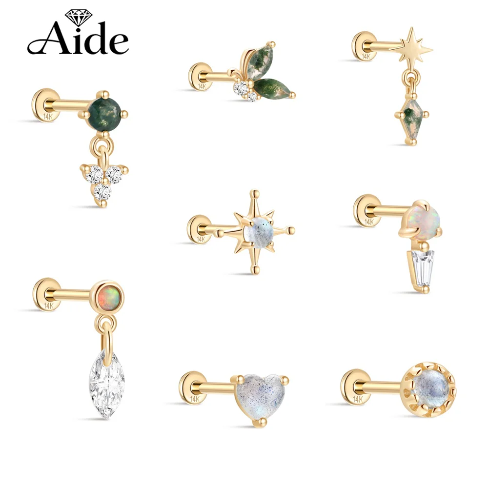 

Серьги-пусеты AIDE из цельного золота 14K с геометрическим дизайном и мховым агатом для женщин, в форме сердца/звезды/луны, изысканные, роскошные, для вечеринок, подарки