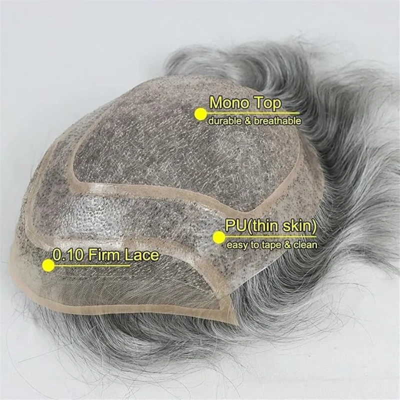 Grey Hair Wigs Lace Men Toupee With Mono Skin PU 8*10 Men Hair System Remy Virgin Hair 100% Real Human Hair Male Hair Prosthesis