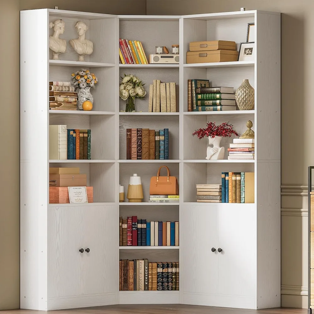 

"71-inch Tall Corner Bookshelf and Bookcase with Dual Storage Cabinets and Seven-tier Shelves Storage Solution"