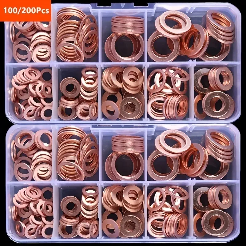 200/100PCS Copper Washer Gasket Nut And Bolt Set Flat Ring Seal Assortment Kit With Box //M8/M10/M12/M14 For Sump Plugs Washers