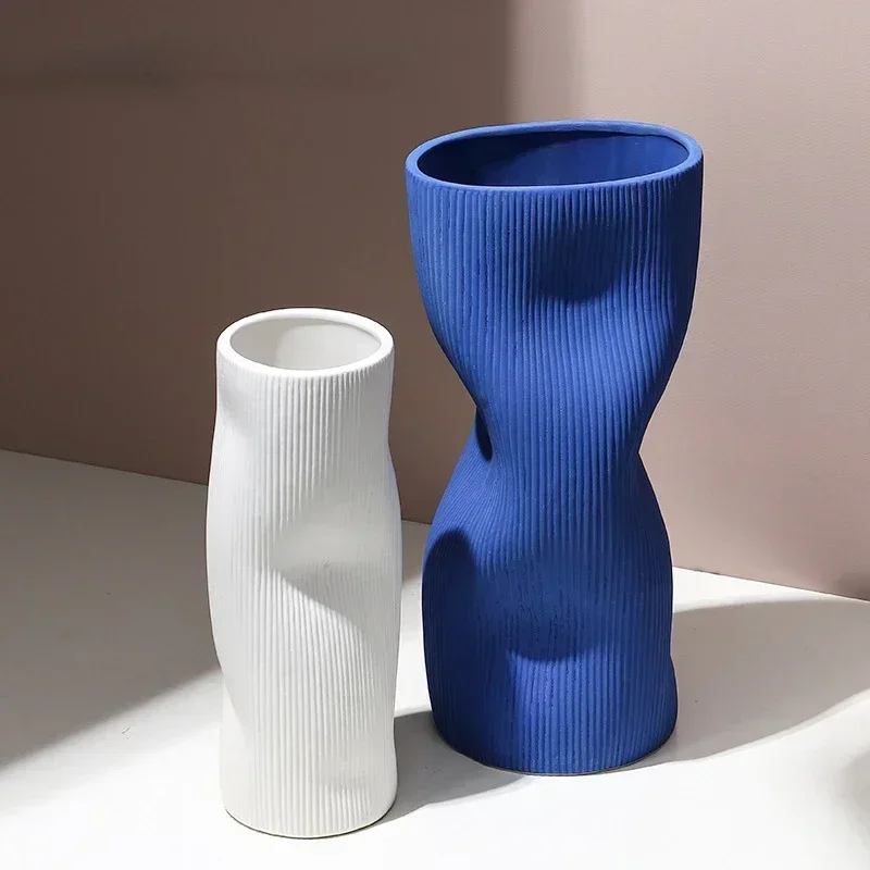 Home Klein Blue Irregular Straight Tube Ceramic Vase Sample Room Morandi Soft Decoration Flower Ware