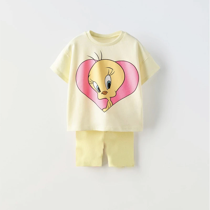 Cute Print Tees Solid Color Shorts Yellow Outfits 2025 Summer Clothing Print TShirt +Shorts Kids New Design Short Sleeve Suits