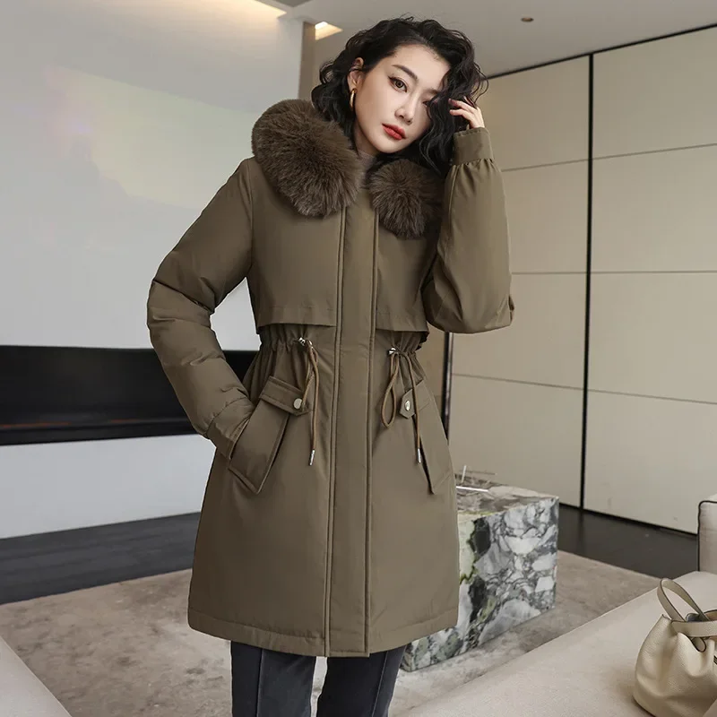 Parkas Women Hooded Zipper Thick Coats Full Sleeve Slim Fit Solid Jackets Parka Midi Waist Casual Splice Jacket Solid Pockets