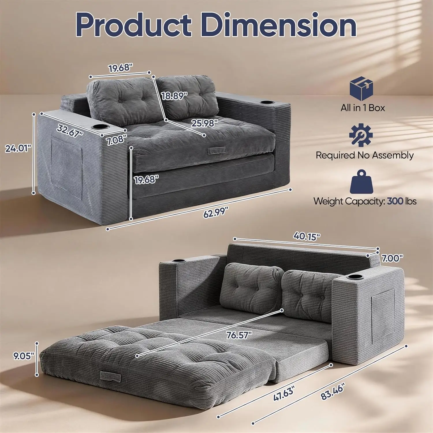 Loveseat Sleeper Sofa Bed, Boneless Convertible Corduroy Pull Out Couch with Cup Holders and 2 Pillows, Space, Customized