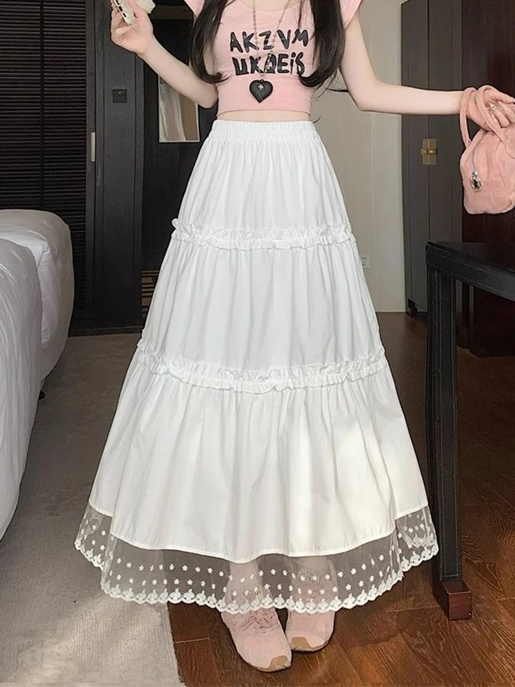 Jmprs Lace White Long Skirts Women Sweet High Waist Korean Skirt Fashion Loose Patchwork Female Elegant Casual Cute Cake Skirt