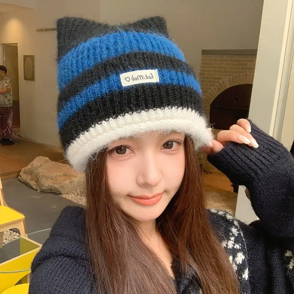 Wool Polyester Mix Striped Knitted Beanie Hat 56cm To 58cm Head Circumference Stretchy Fit Earflap Cat Ear Beanie