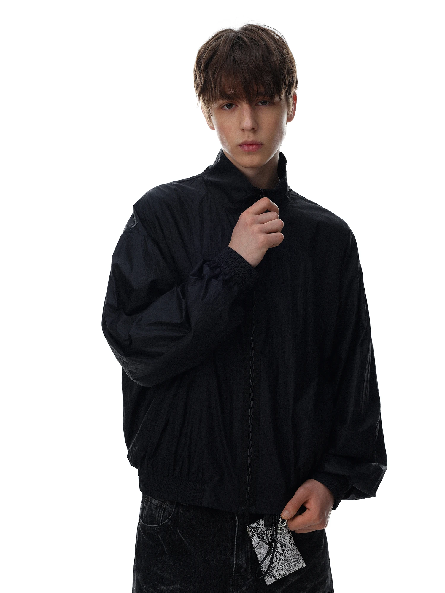 MRNEARLY American Simple Black Stand Collar Zipper Men's Loose Shape Sport Style Outerwear Fashionable Sun Protection Clothing