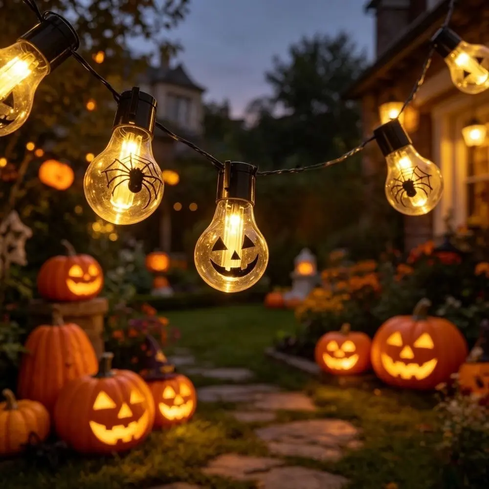 1PC 10/20LED Solar Skull Led String Lights Papaya Bulbs With Patterns For Outdoor Parties Garden Holiday Decorations