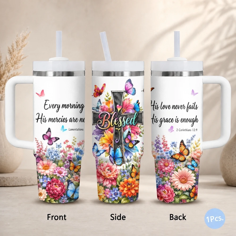 Christliche Schmetterlings-Blumen-Vakuumflasche 40oz Edelstahl Isolierbecher mit Griff, Strohhalmdeckel, auslaufsicherer Reisebecher