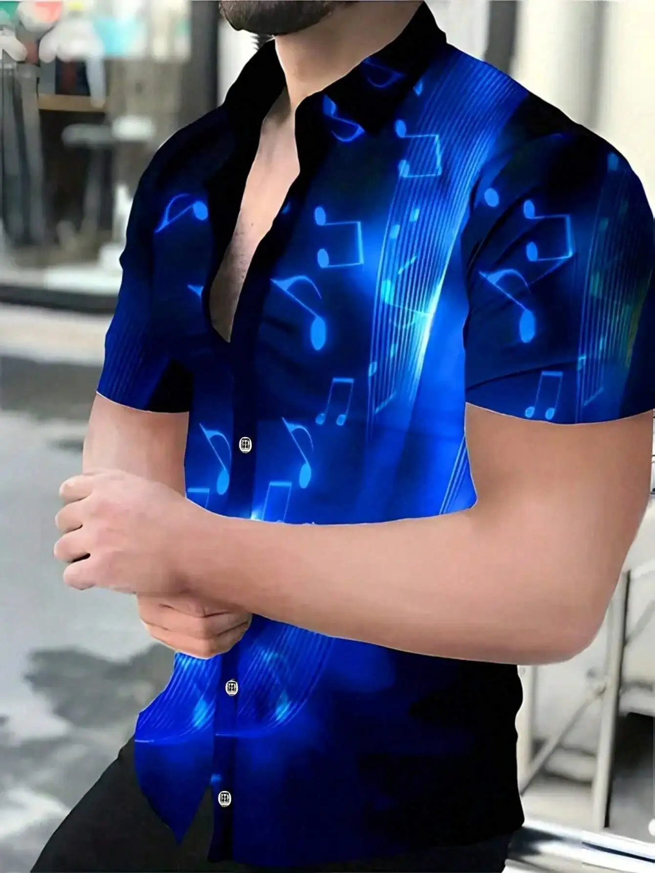 

Men's Blue Musical Note Print Loose Fit Button-Up Shirt