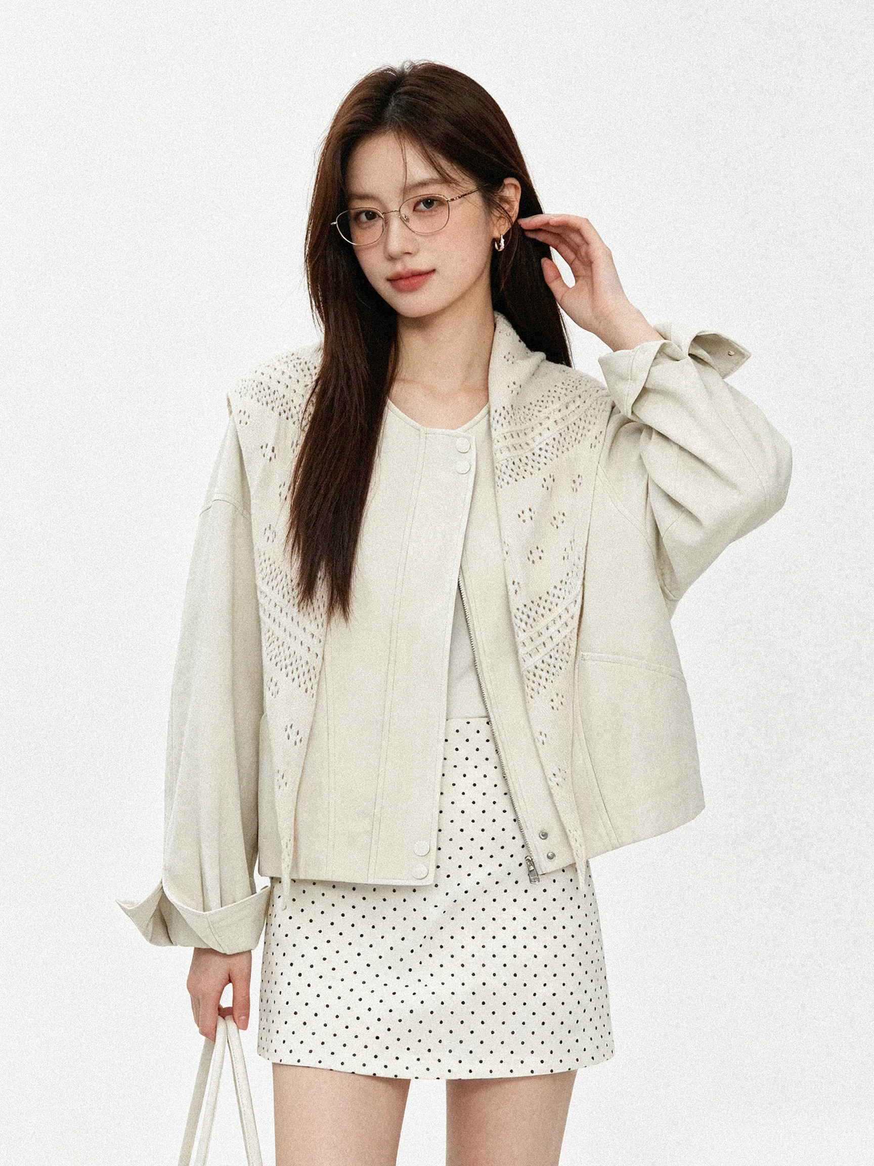 Casual Versatile Short round Neck Hollow out Leather Jacket Shoulder Wrap Loose Fit Korean Style Women's Fashion Outerwear