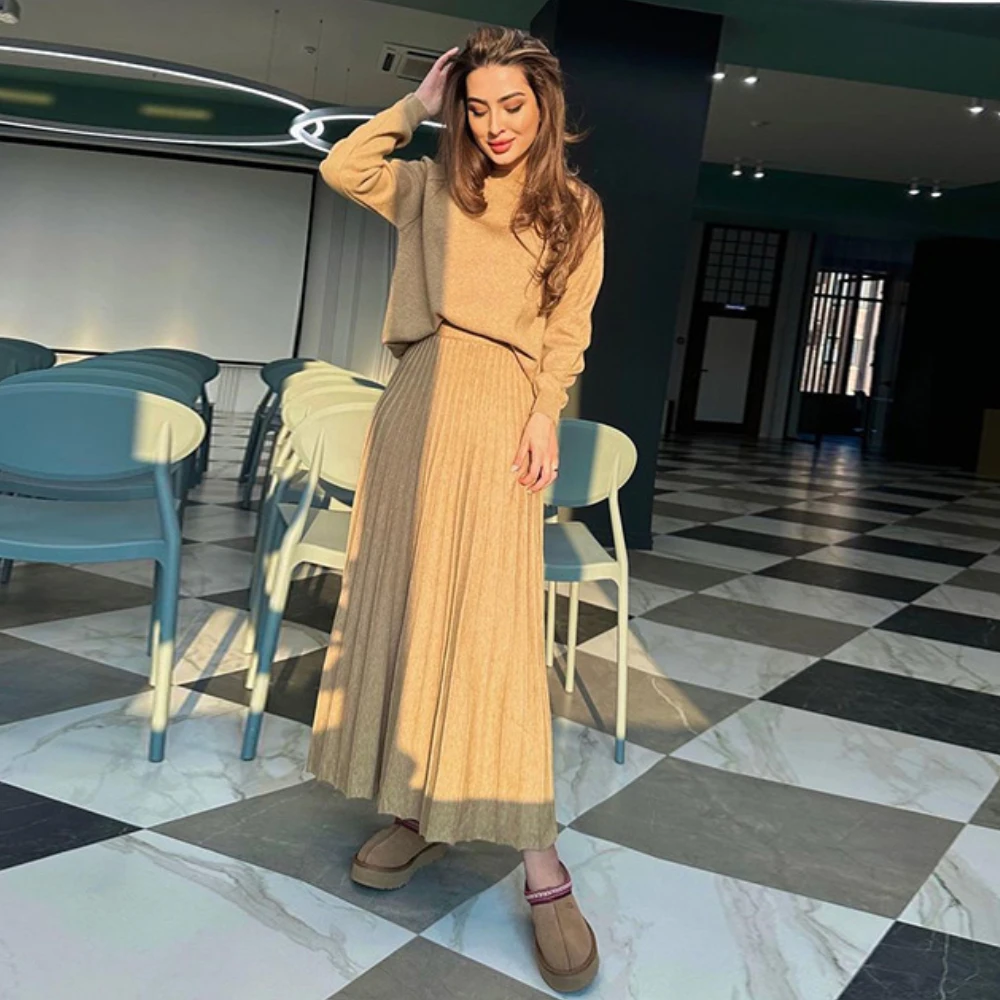 Women Eid Muslim Dresses Musulman Ensemble Two Pieces Arab Dubai Kaftan O Neck Solid Tops Morocco Pleated Skirts Casual