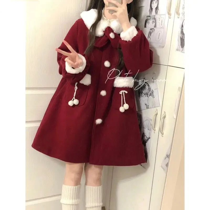 Women Loose Japanese Sweet Lolita Outwear Jacket Winter Kawaii Red Wool Coats Female Korean Style Pockets Warm Bow Overcoat 2024