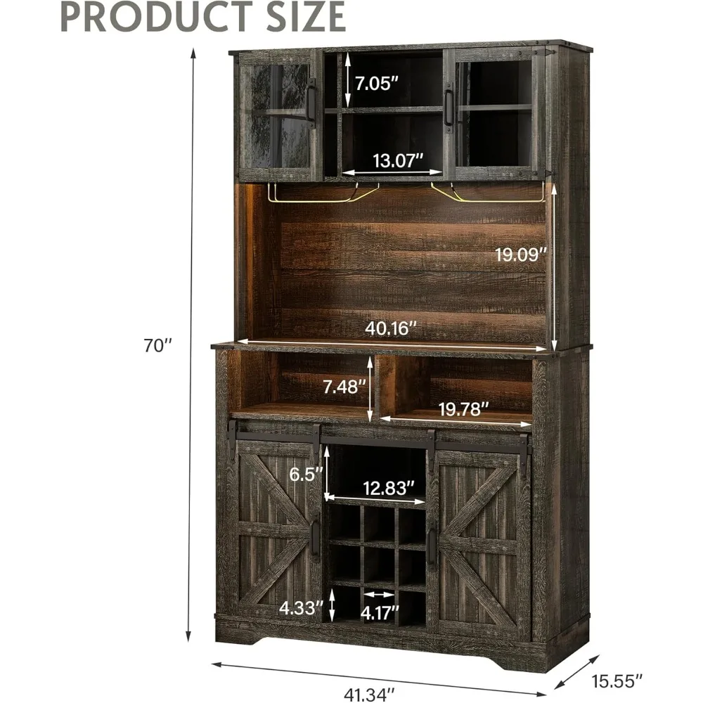 Farmhouse Coffee Bar Cabinet with Sliding Barn Door, Buffet Cabinet with Hutch, Kitchen Pantry Cabinet with Power Outlet & Light