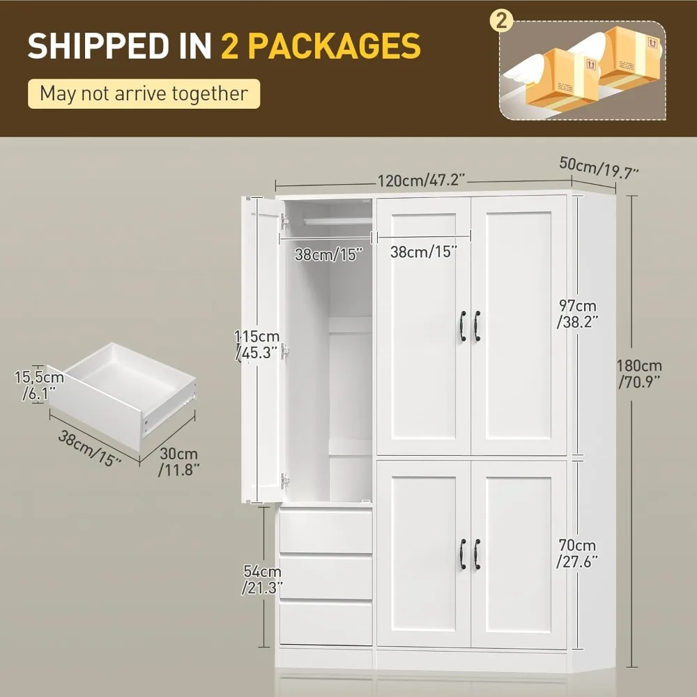 Bedroom Wardrobe Cabinet With Doors 70.9 Inch Tall Armoire Closet Featuring Hanging Area and 3 Storage Drawers