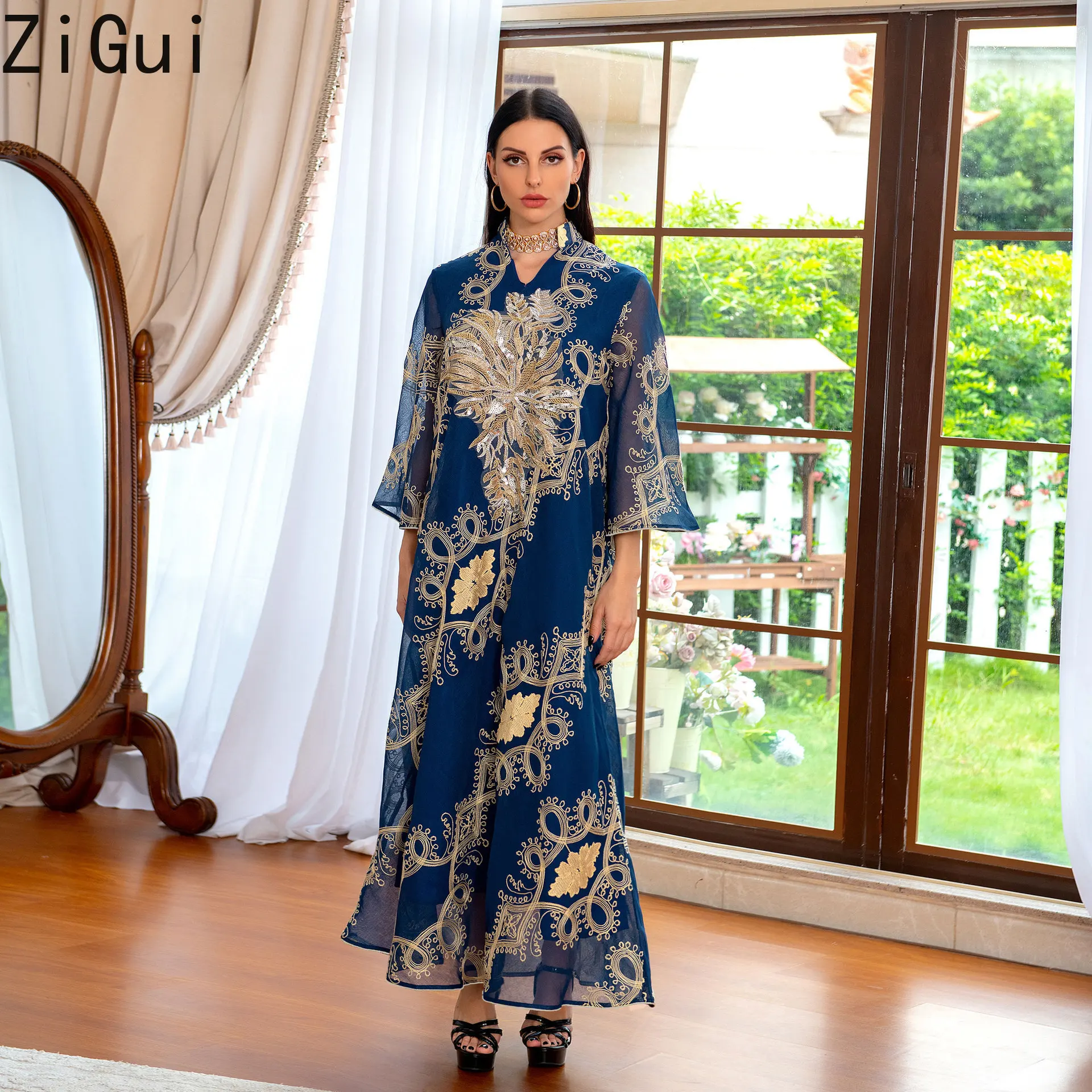 Zigui Arabic Dress Woman Wedding Party Evening Embroidered Beaded Sequins Chiffon Large Hem Prom Kaftan Dubai Dresses For Women