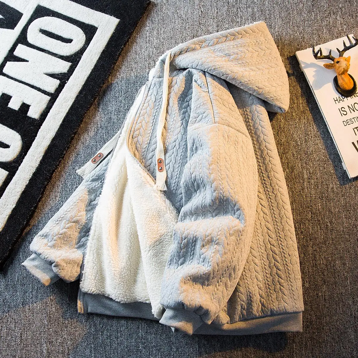 

Japanese Sle Thiened Hooded Lamb Velvet Jaet Men's Winter Warm Cotton Coat with Fce Liner Loose Fit Casual Outerwear