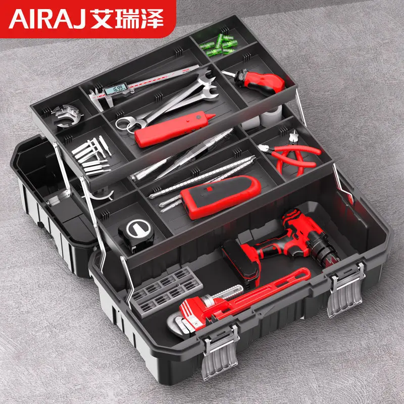 Three Layer Folding Tool Box with Metal Latch and Stainless Steel Edge, Multi Layer Storage Case for Auto Repair, Electrician