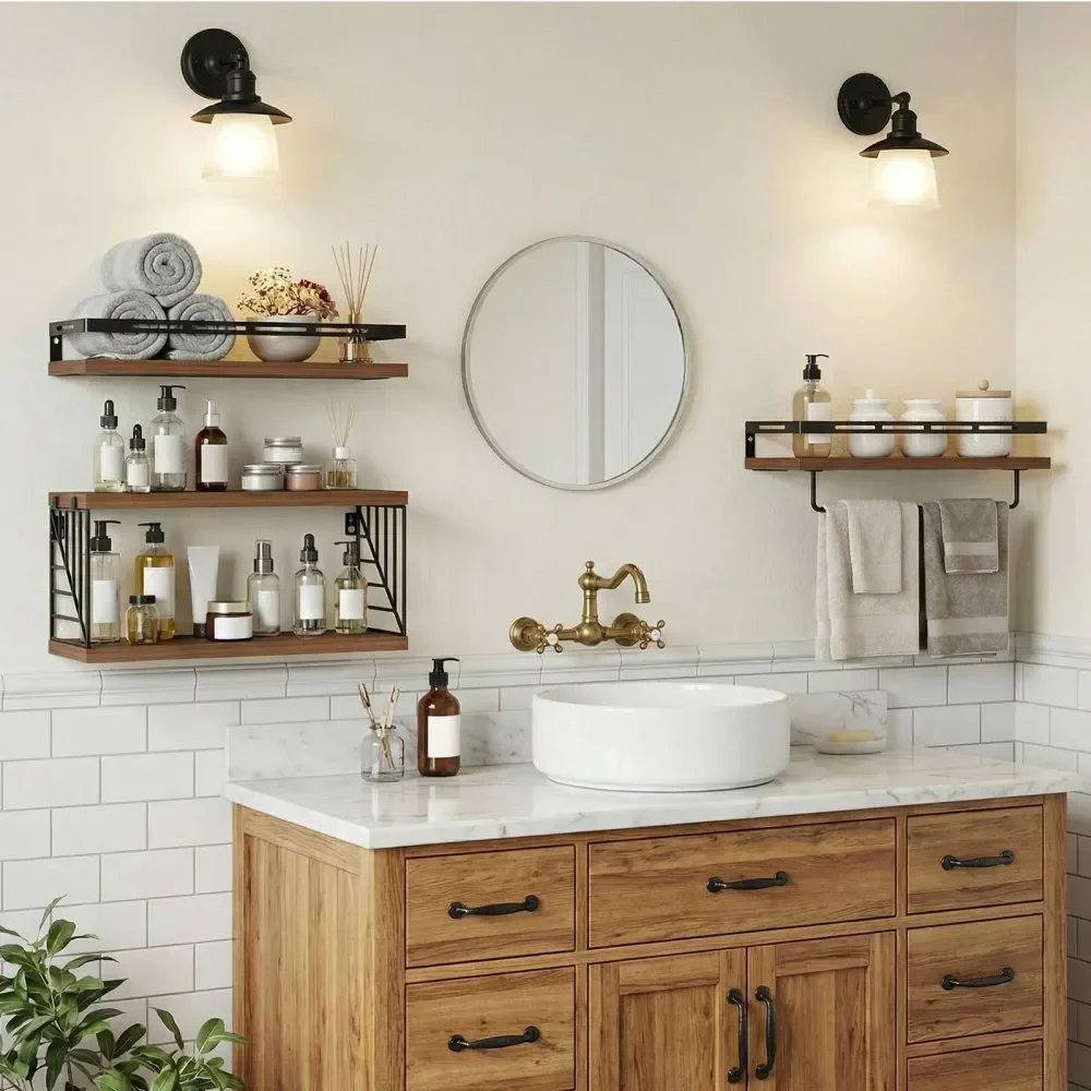 

31-ярусные настенные полки для ванной комнаты над унитазом, деревянные полки в деревенском стиле с металлическим каркасом и держателем для полотенец, комплект