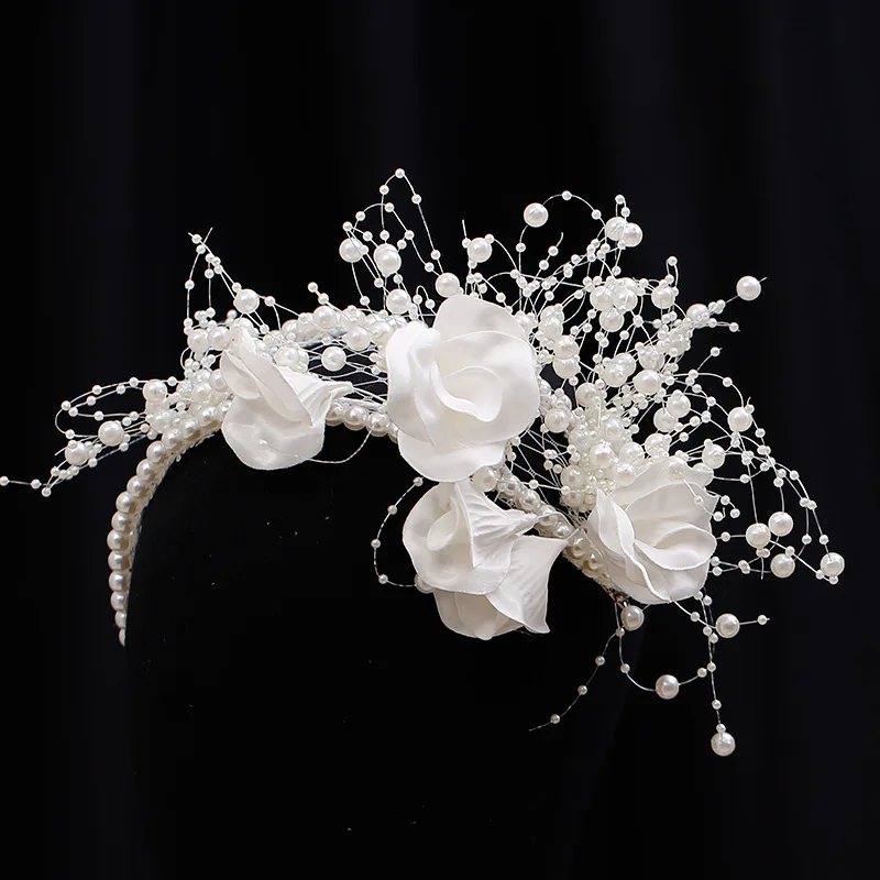 bride flower gauze net Hair Band New Korean Mori series white pearl hairbands women wedding hair jewelry