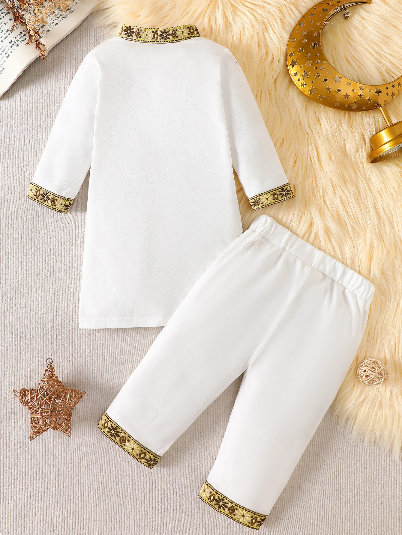 IURNXB Boys Middle Eastern Traditional Thobe Robe Dubai Festival Dress Pants Golden Trim Muslim Children Ethnic Clothes Set 1-3Y