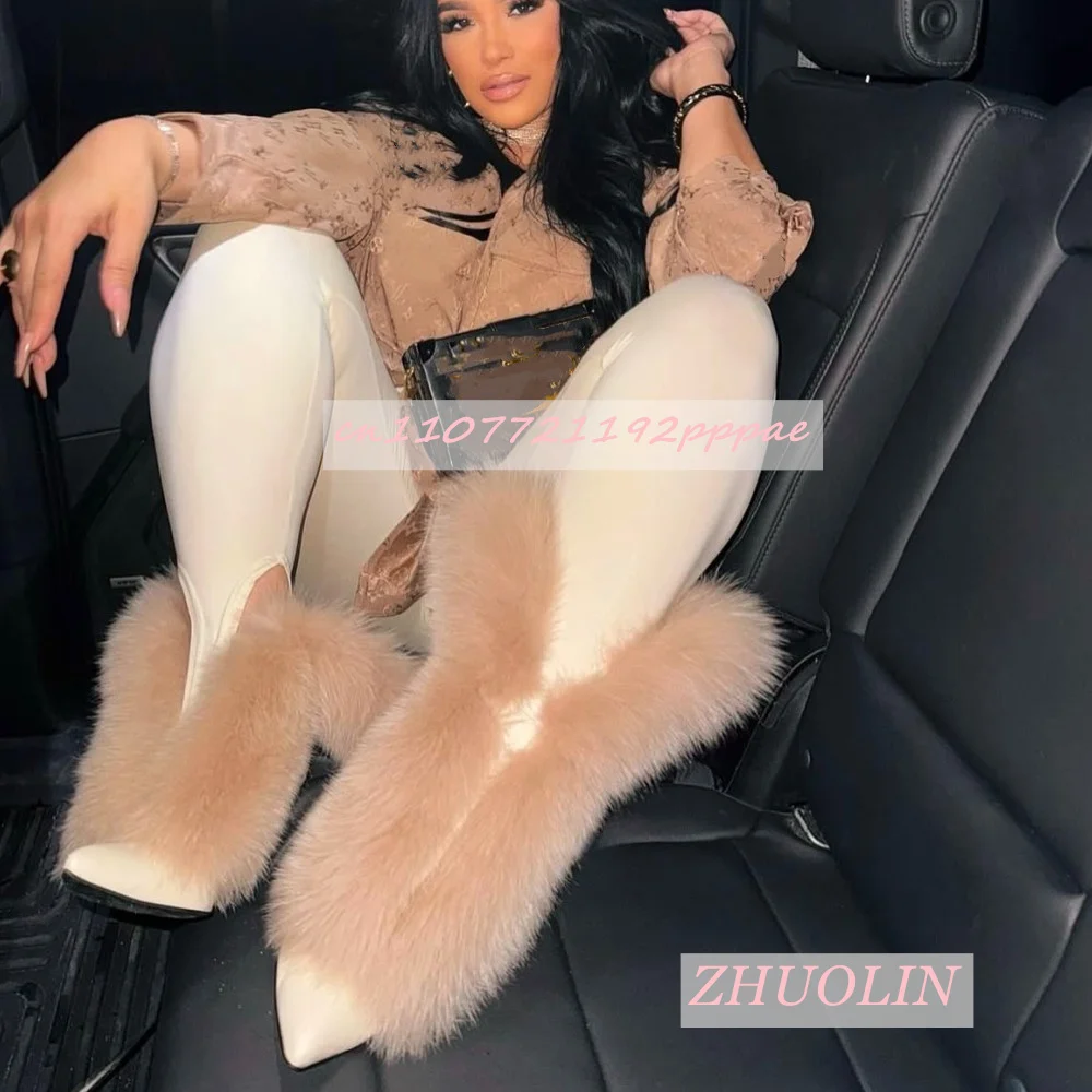

Fluffy Furry Winter Short Boots Ladies Pointed Slim High-Heeled Cross Tied Bare Boots Winter Warm Luxurious Oversized Party Boot