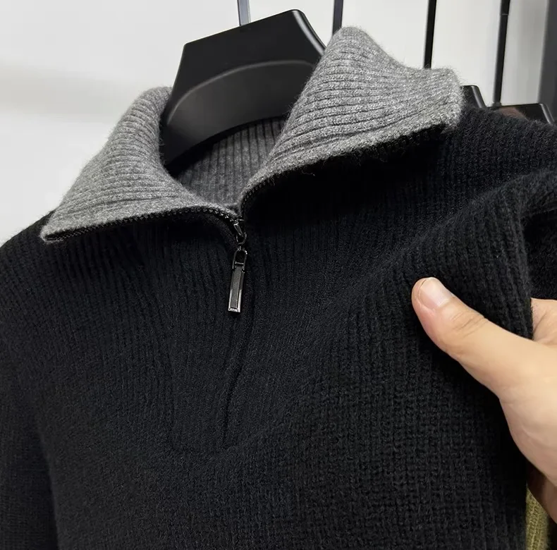 High-End-Marken-Trend-Männer-Pullover mit halbem Reißverschluss 2024, Herbst und Winter, neue lässige Mode, verdickter einfarbiger Strickpullover mit Stehkragen – Detail 13