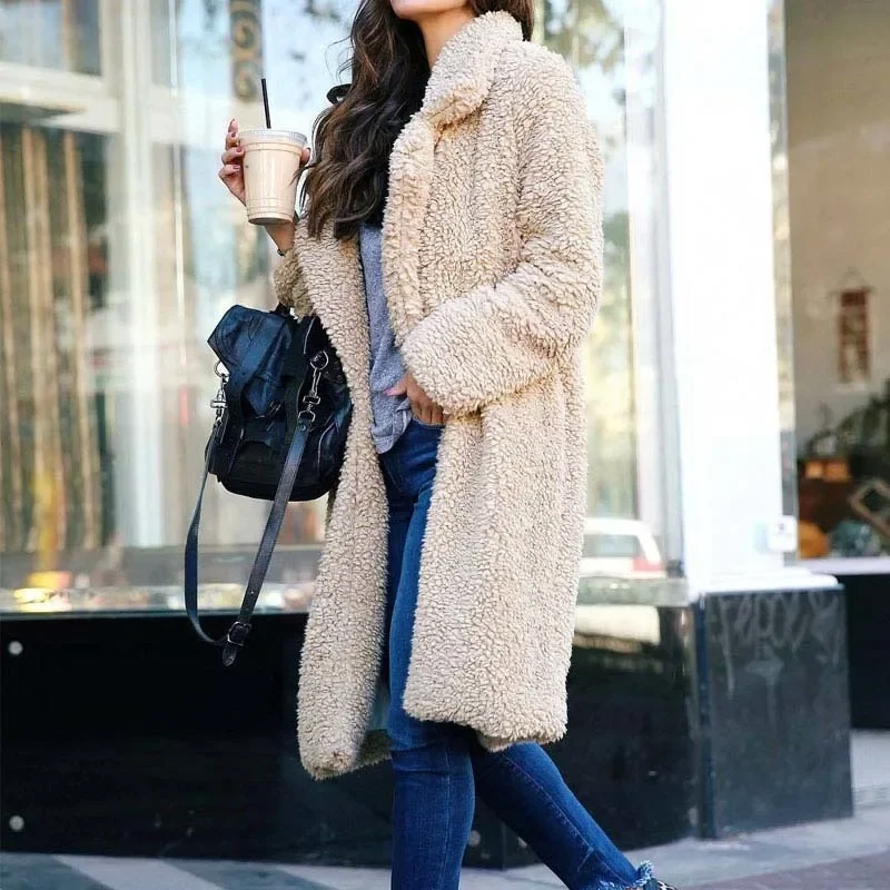 Fashion Faux Fur Jacket Women Lapel Buttonless Solid Colors Mid Length Coats 2023 Spring Autumn New Warm Fake Fur Casual Jacket
