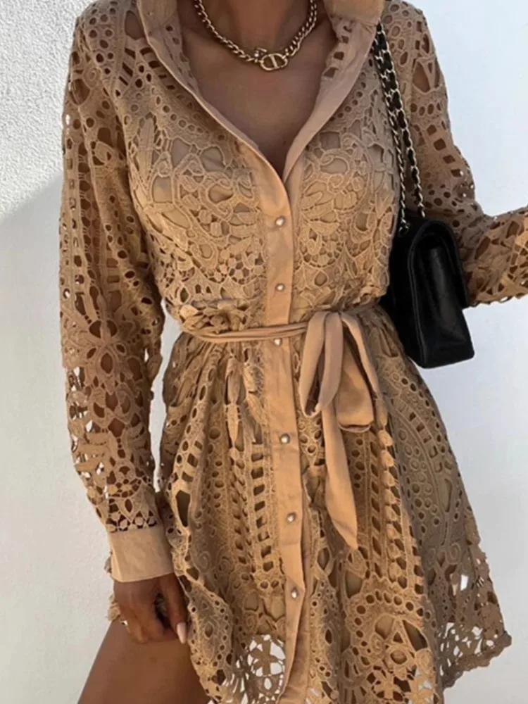 Damska Sukienka Koszulowa z Koronką, Modna, Jednolita, Długi Rękaw, Zapinana na Szydełka, Kwiatowa, Ażurowa, Sznurowana, Elegancka Odzież Biurowa dla Kobiet, Nowa